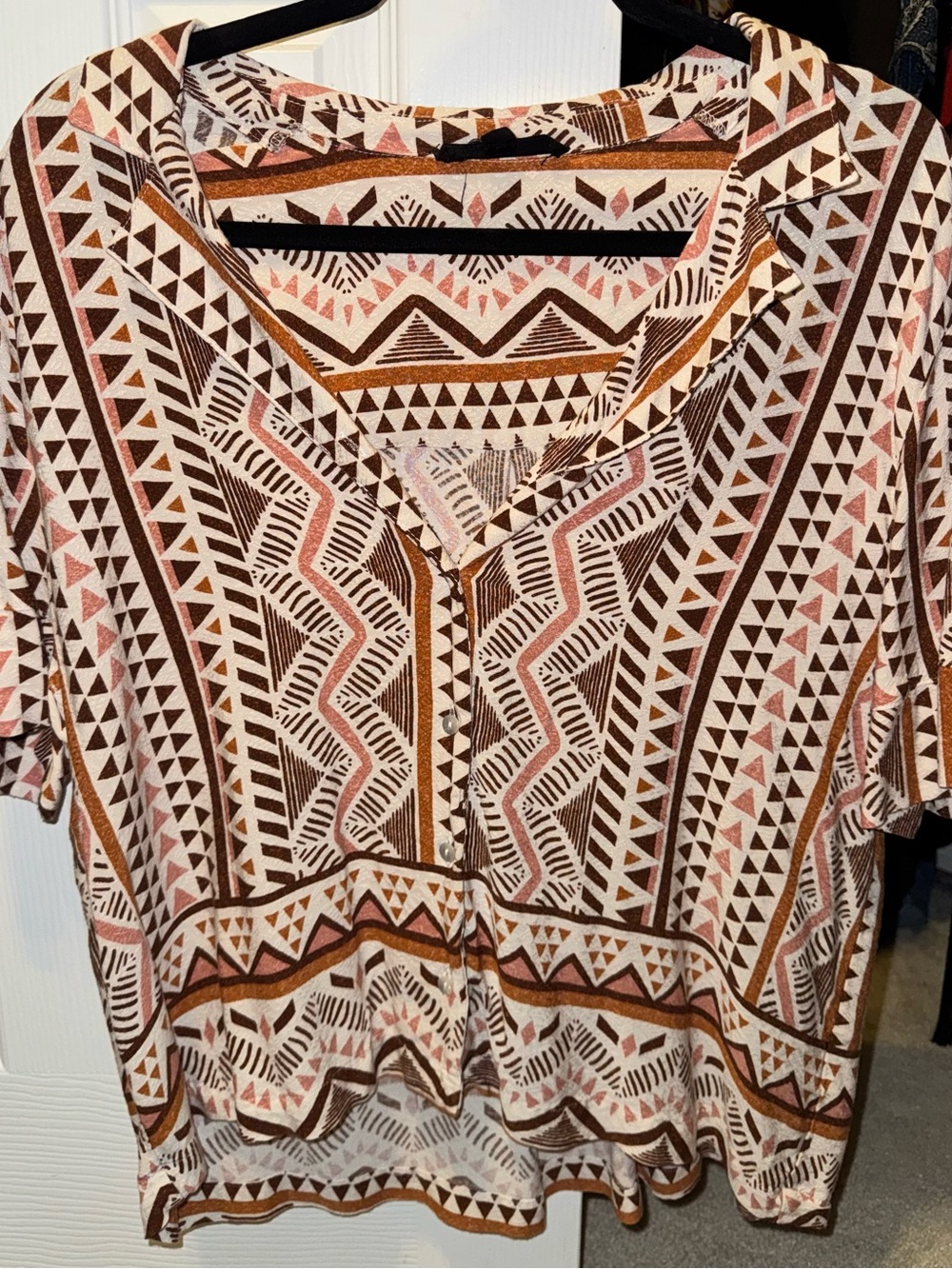 Boho Geo Print V-Neck Women's Top in Brown and Cream
